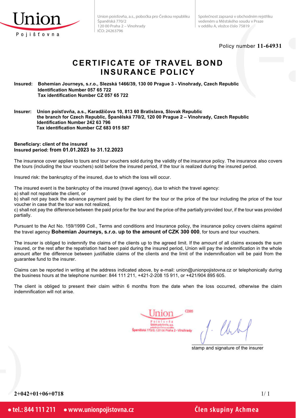 Certificate of travel bond insurance policy